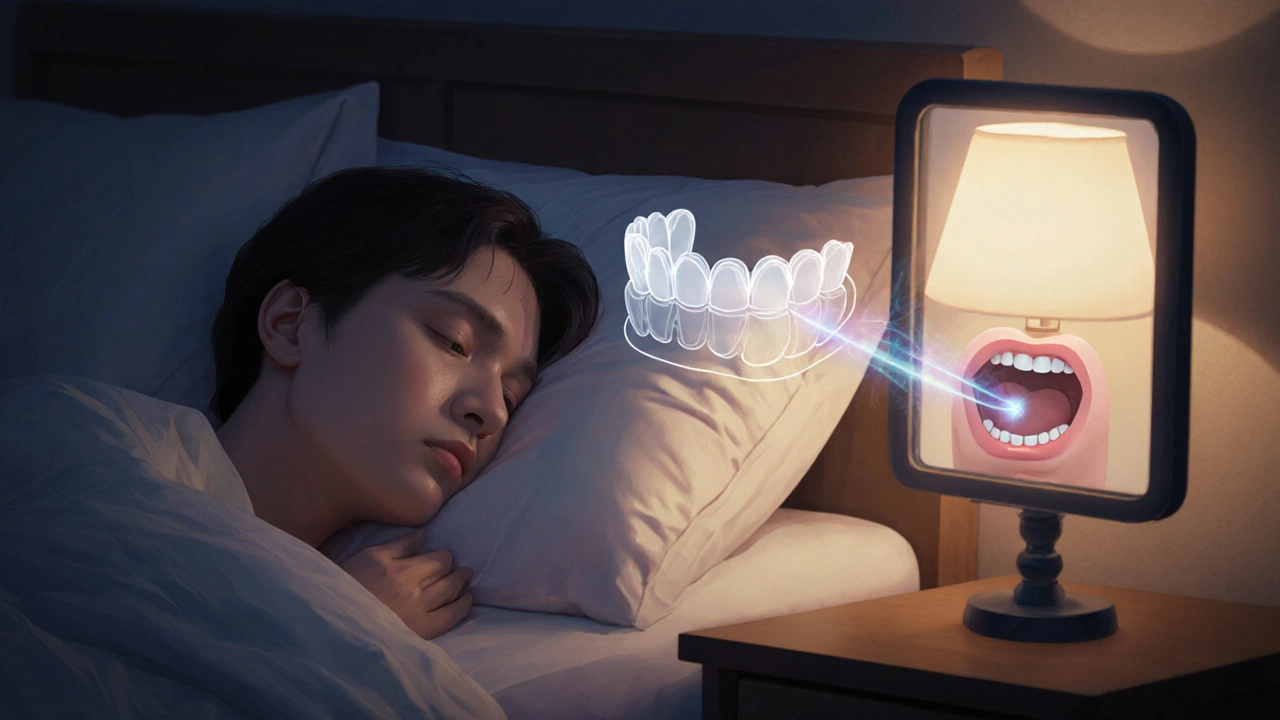 Osoba spí s noční ochrannou štěticí, keramická plomba je vidět v zrcadle.