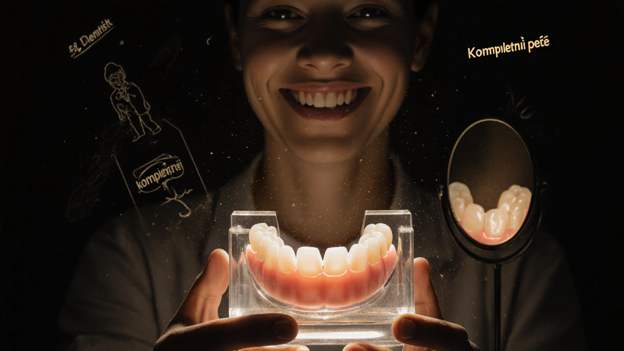 Pacient drží model zdravých zubů, za ním se rozptýlí obraz levné péče, zůstává jen úsměv.