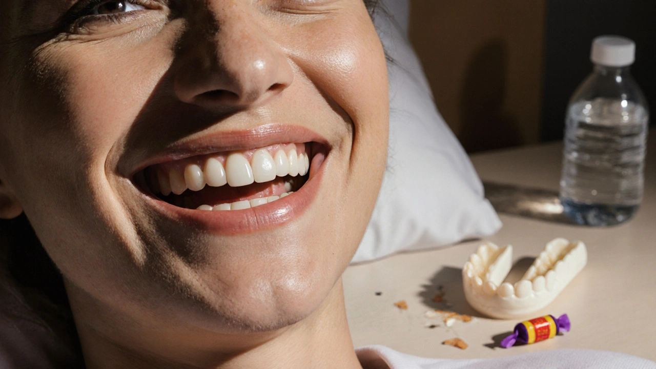 Patient smiling with ceramic veneers, night guard visible on bedside table.