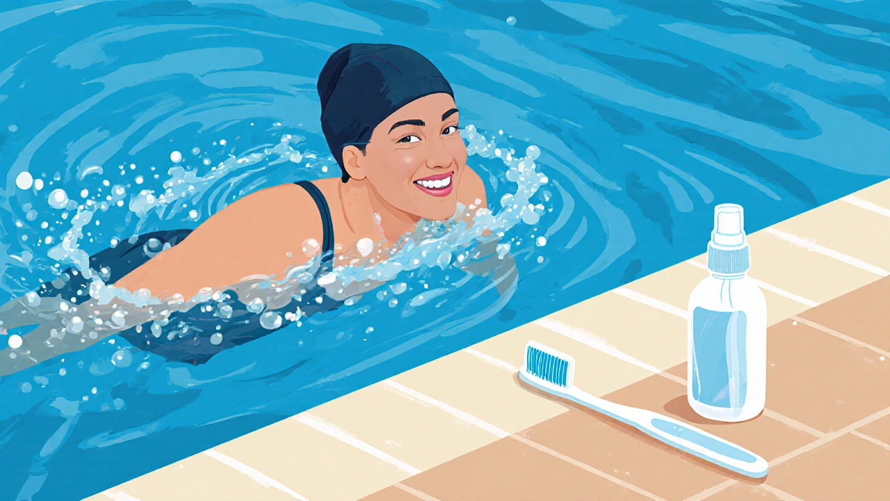 Plavec s keramickými rovnátky plave v bazénu, viditelné při výdechu.