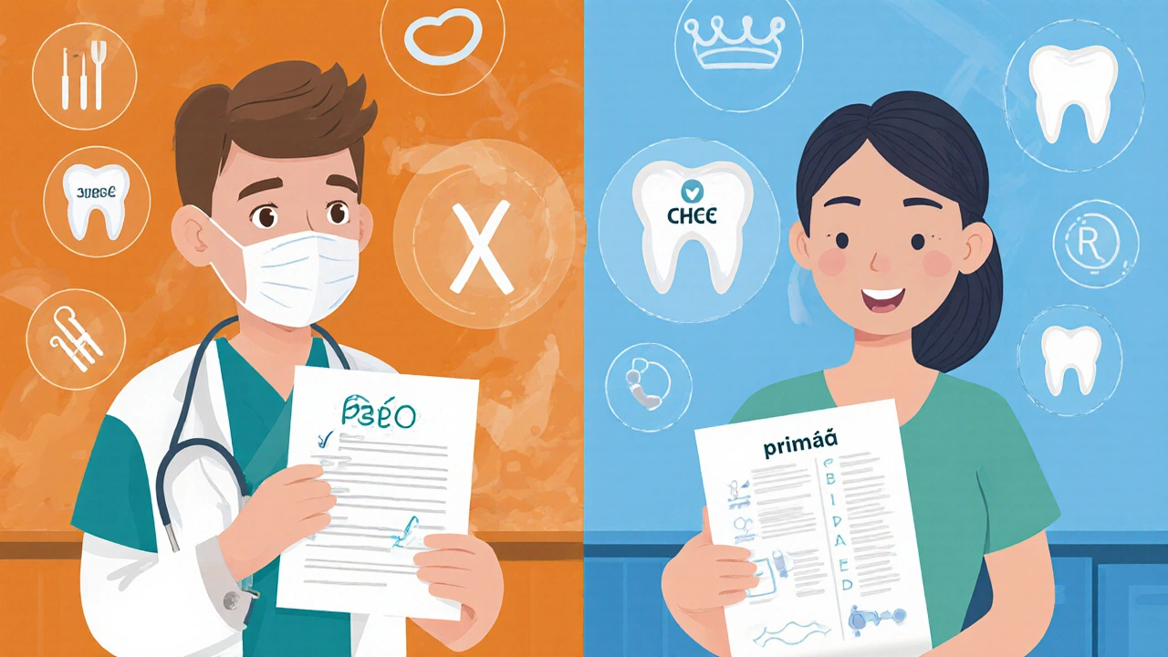 Porovnání levné a kvalitní zubní péče: jeden zubař spěchá, druhý pečlivě plánuje léčbu.