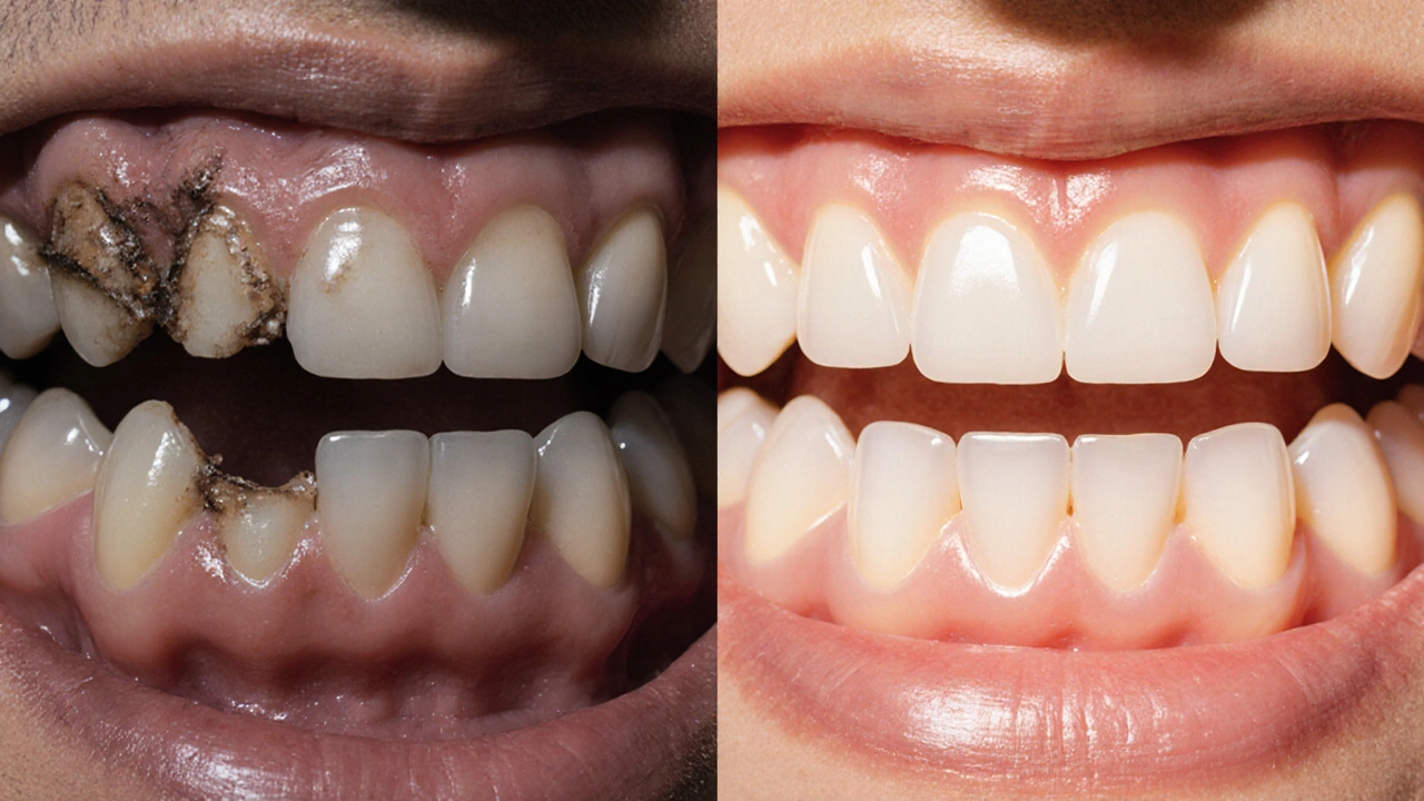 Porovnání poškozeného a obnoveného chrupu s celokeramickými korunkami.