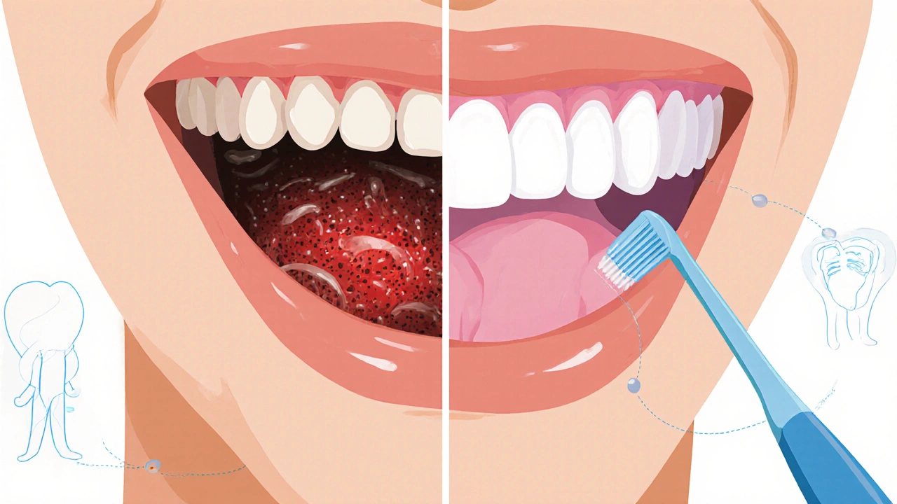 Porovnání zánětu dásní a zdravých dásní po čištění mezizubních prostor.