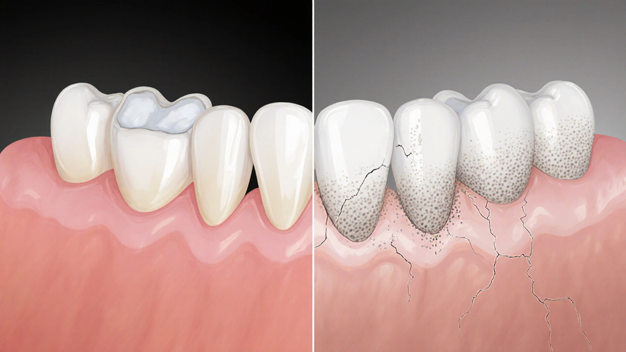 Porovnání zdravého zubu s keramickou plombou a zubu s poškozením pod plombou.