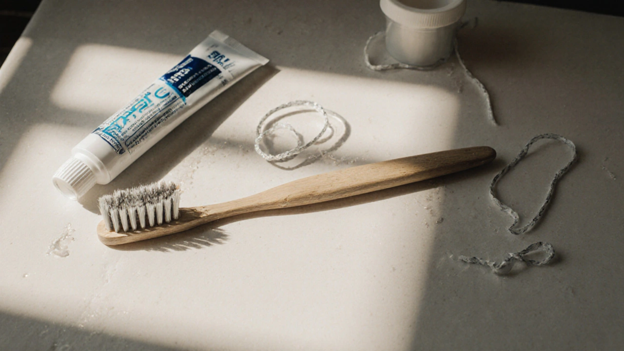 Poškozený a nový mezizubní kartáček na koupelnové mýdlice.