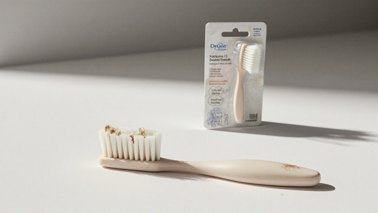 Použitý a nový mezizubní kartáček na bílém pozadí.