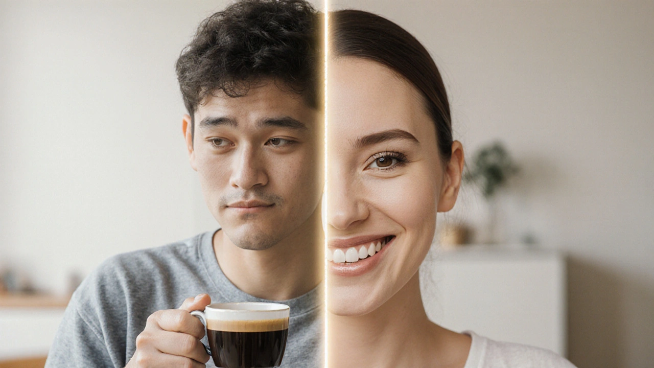 Před a po: osoba s tmavými zuby a kávou napravo, se světlými zuby a úsměvem vlevo.