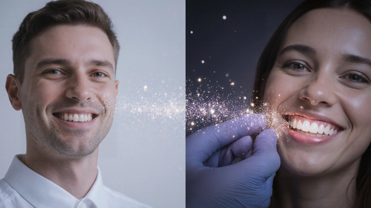 Před a po transformaci úsměvu s keramickými fazetami, symbolizující cestu k dokonalému úsměvu.