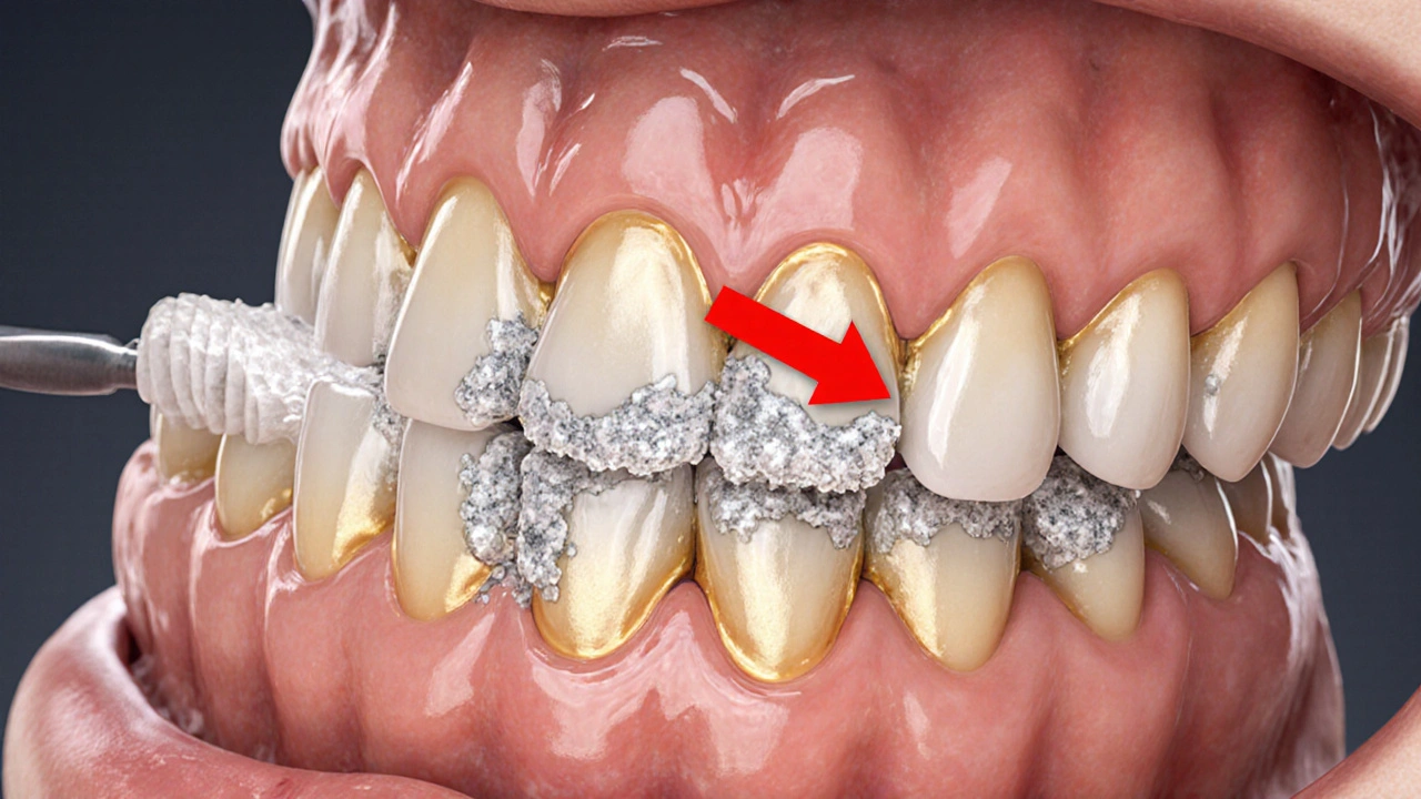 Přehled ústní dutiny s viditelným plakem a čistými mezery.