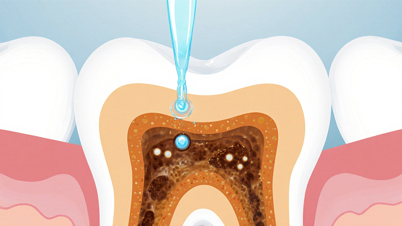 Příčný řez zubem s vnikajícím bělícím gelem a rozkladem pigmentů uvnitř skloviny.