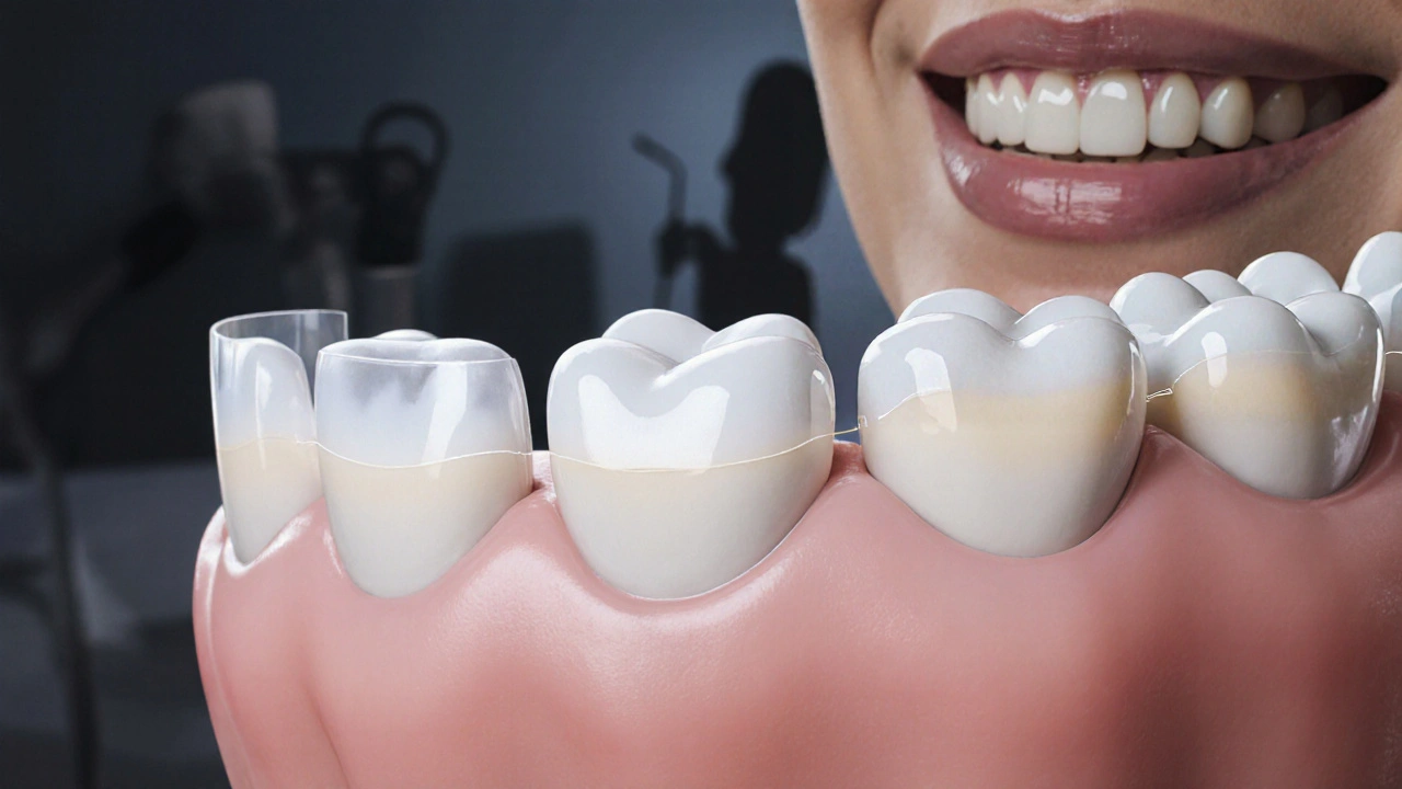 Příčný řez zubu s keramickou fázetou a průhlednou fotokompozitní podložkou pod ní.