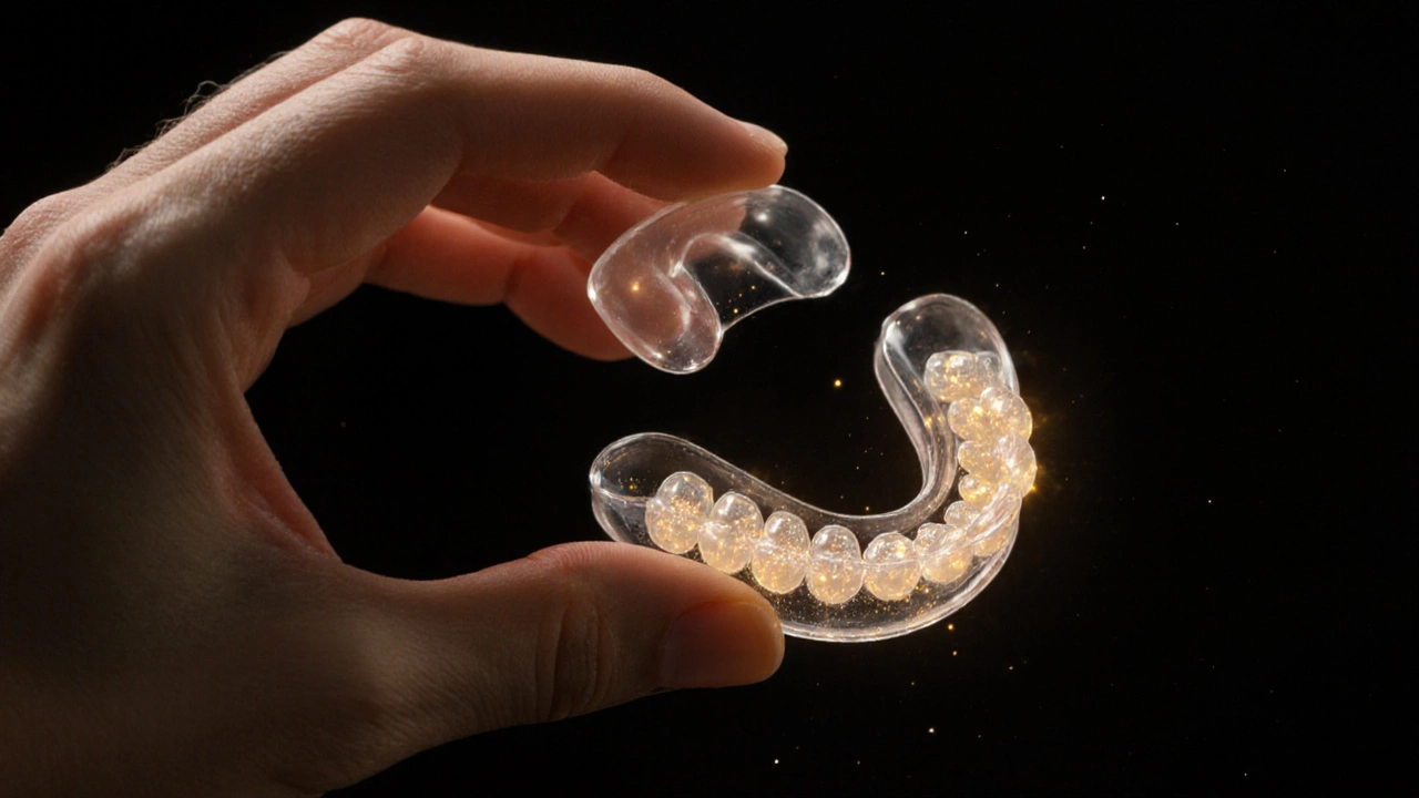 Průhledný retentor v ruce s jemnými světelnými částicemi, symbolizujícími stabilitu zubů.