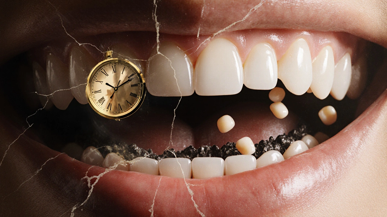 Průhledný úsměv s ukrytým kamenem pod dásní a padajícími zuby jako symbol zanedbání.