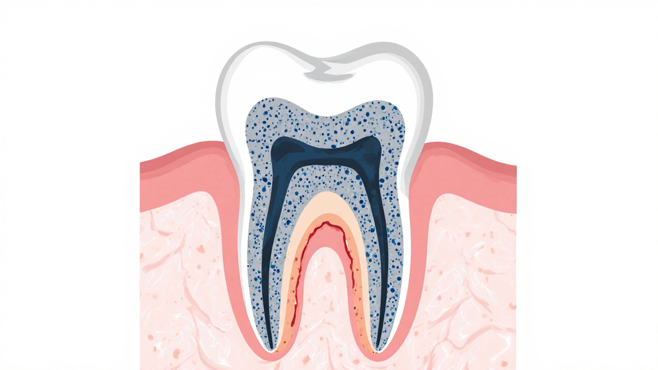 Průřez zubu s hlubokými parodontálními kapsami a kalcifikovaným plakem pod dásní.