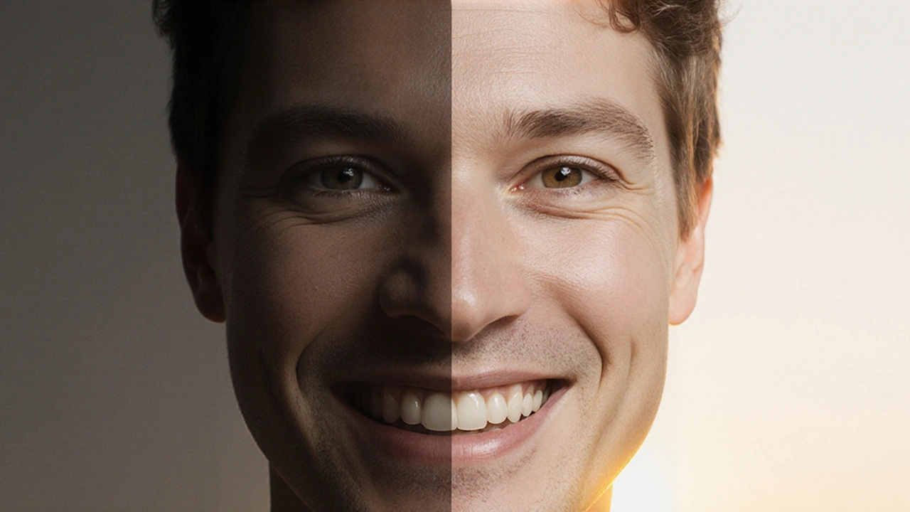 Rozdělený portrét: jedna strana s nekrásnými zuby, druhá se zářivým úsměvem s fazetami.