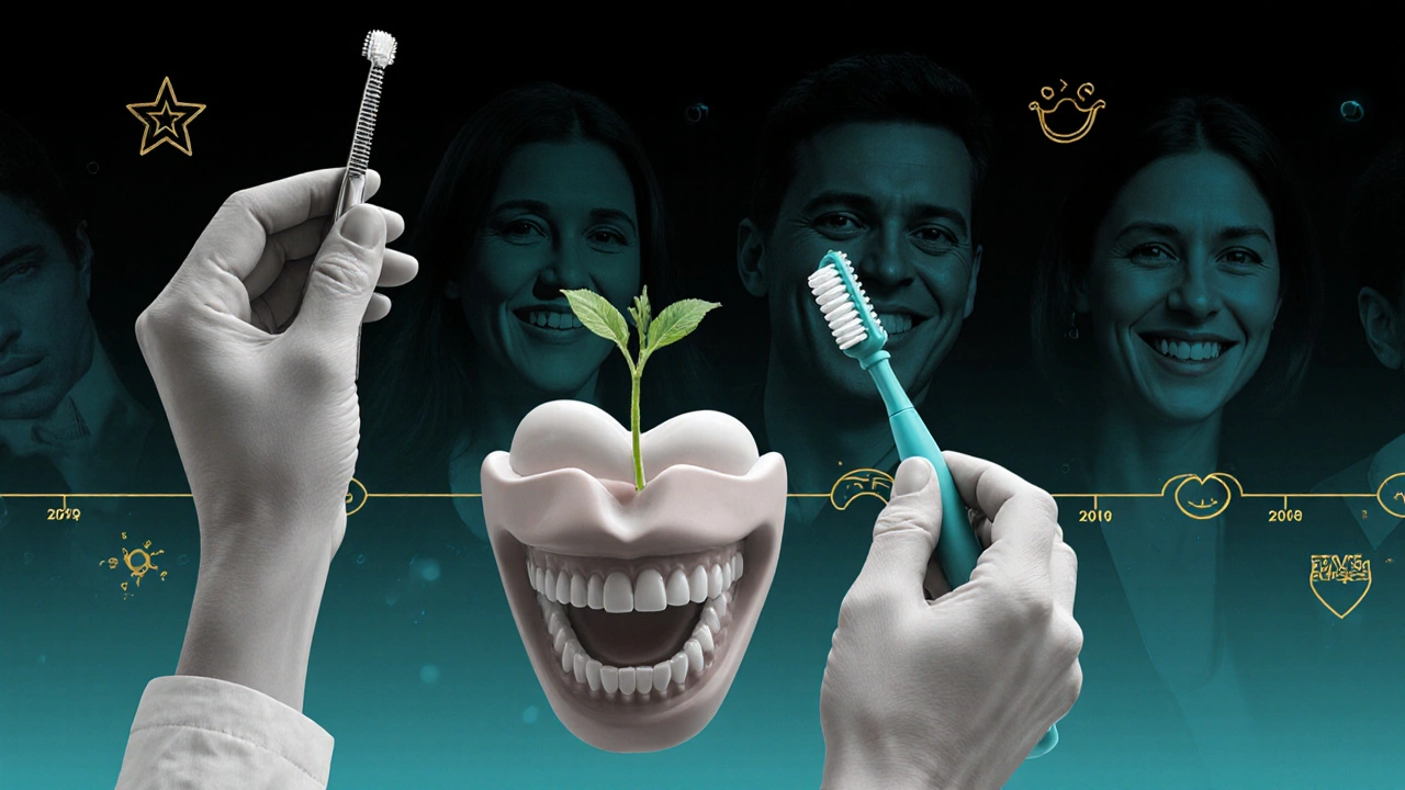 Ruce dentální hygienistky drží nástroje a na modelu zubů roste rostlina — symbol prevence a uzdravení.