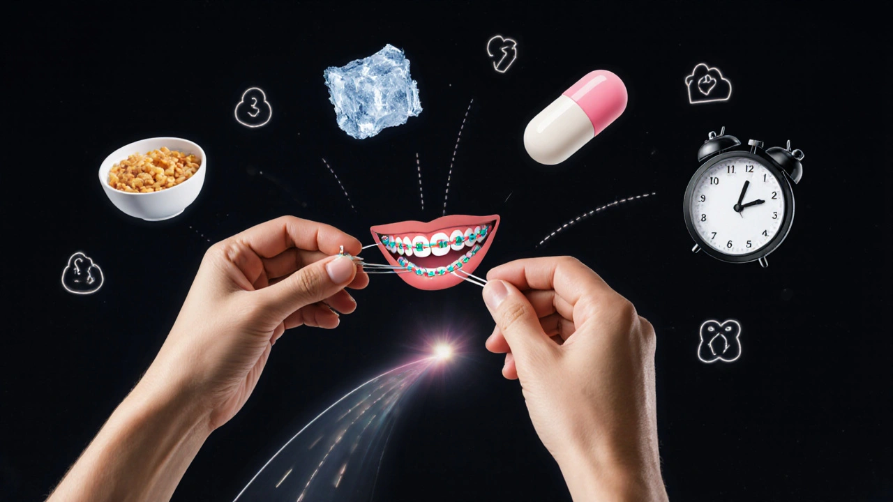 Ruce nasazují gumičky na rovnátka, kolem nich symboly léčby a času.