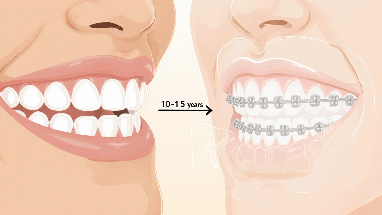 Split image comparing natural tooth to ceramic veneer with 10-15 year lifespan indicator.