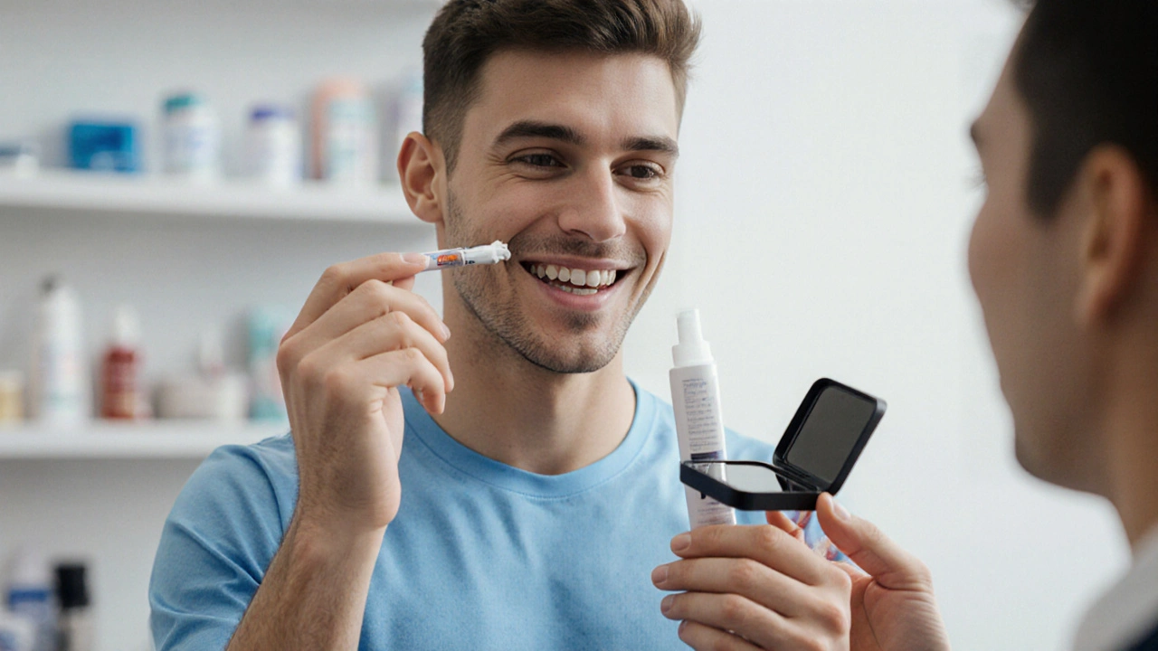 Sportovec s vlastním ústním štítem a ortodontickým voskem na konzultaci.