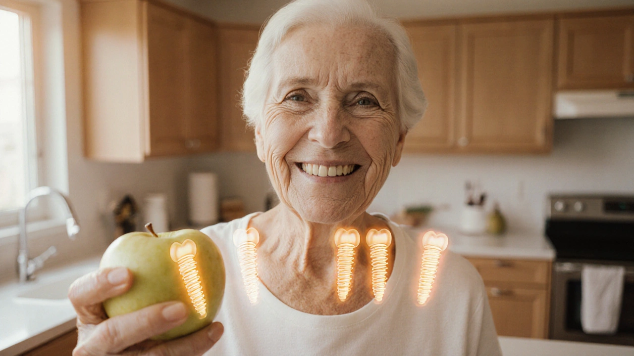 Starší pacient se směje, drží jablko, symbolizující obnovu zubní funkce.