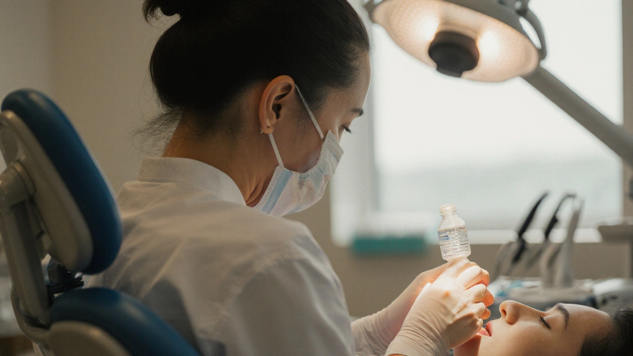 Stomatolog čistí jamku po vyjmutí osmičky slanou vodou