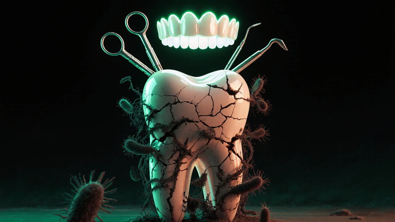 Symbolický obraz praskliny v zubu, která se rozšiřuje jako infekce, s lékařskými nástroji nadešlou