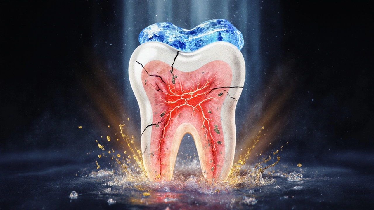 Symbolický obraz předního zubu s zánětlivým nervem a chladným obkladem v okolí.