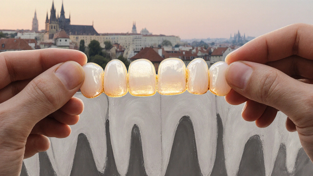 Tenká keramická fazeta se přikládá k zubům, světlo ji osvětluje jako přechod k dokonalosti.