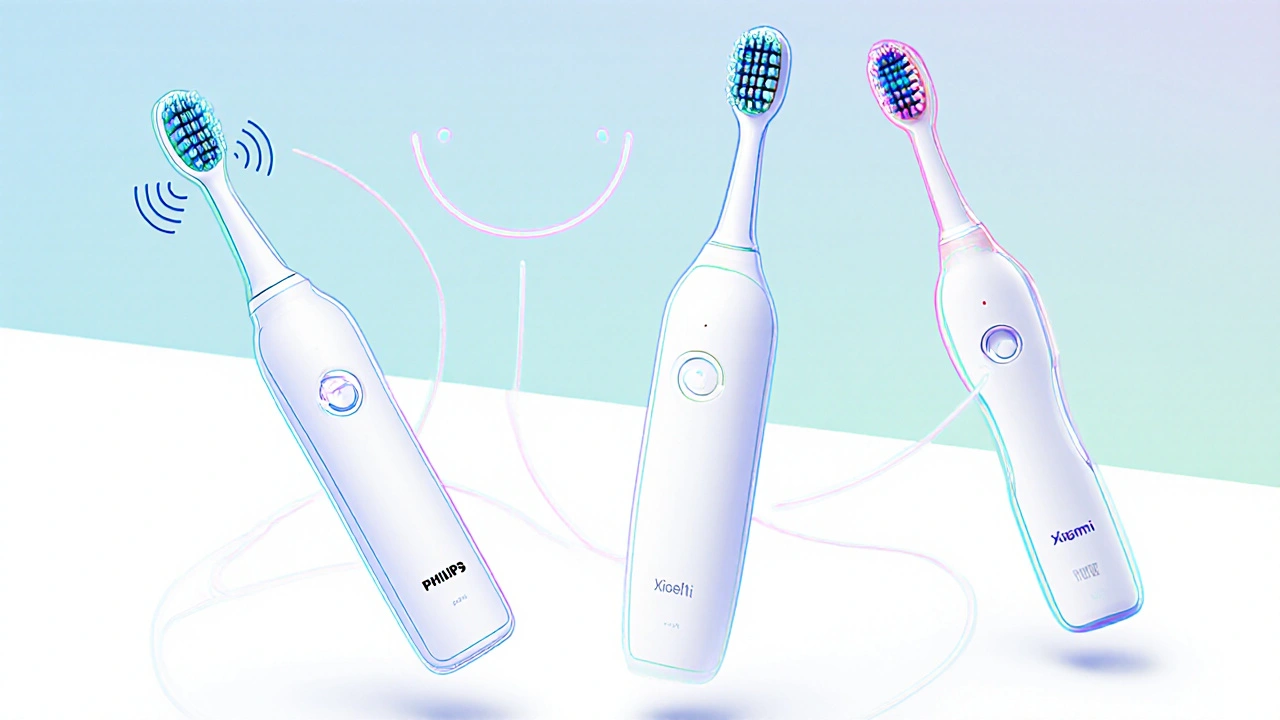 Tři dětské sonické kartáčky s vlastnostmi znázorněnými vizuálně bez textu.