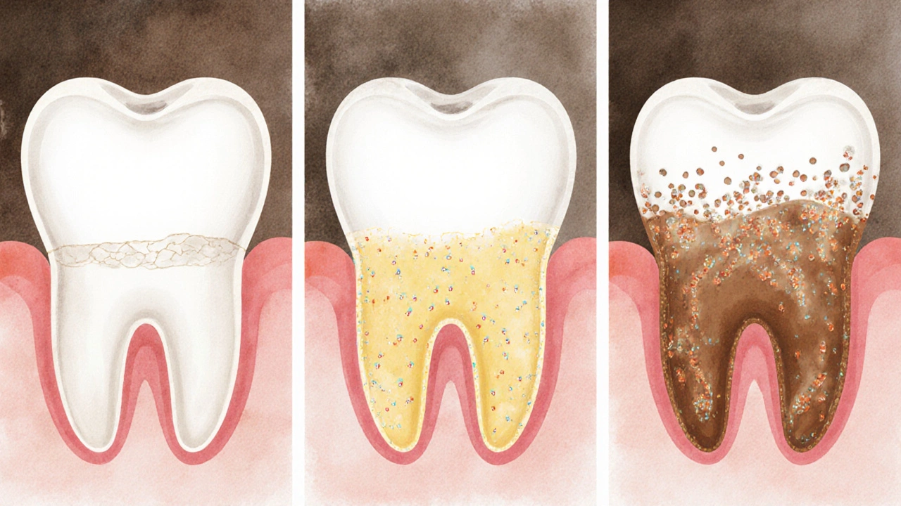 Tři panely znázorňující vývoj plaku na zubu až na zubní kámen.