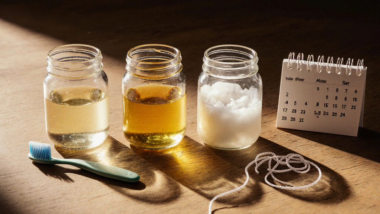 Tři skleněné nádoby s kokosovým olejem v různých fázích a zubní potřeby na dřevěném stole.