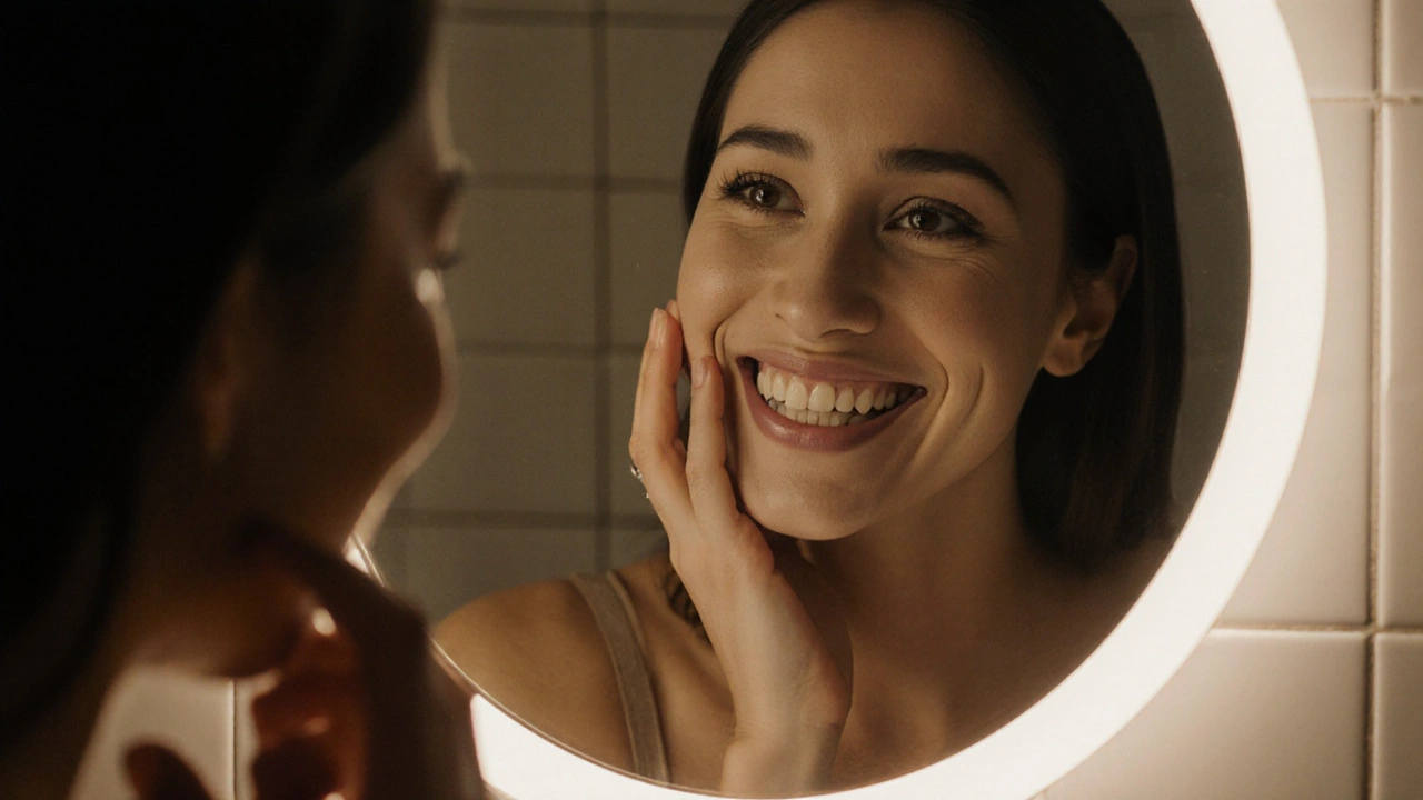 Woman smiling confidently in a bathroom mirror after getting dental veneers.