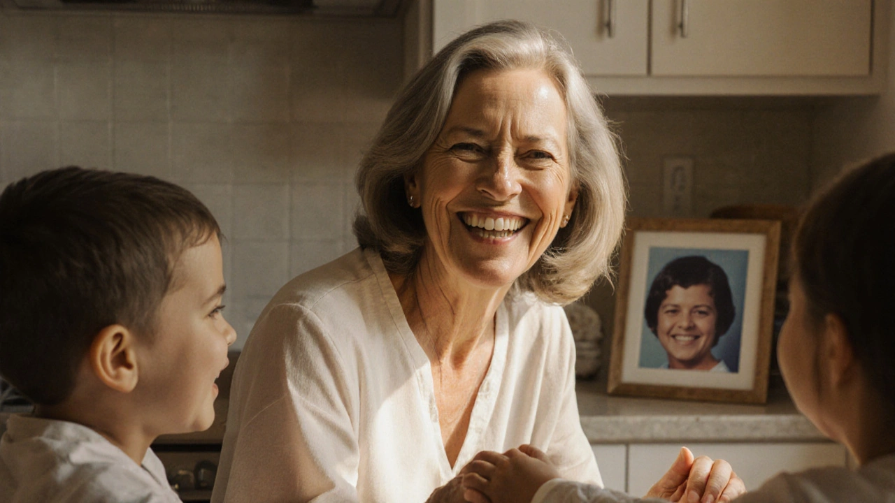 Žena se směje se svými dětmi u kuchyňského stolu, její úsměv je otevřený a přirozený.