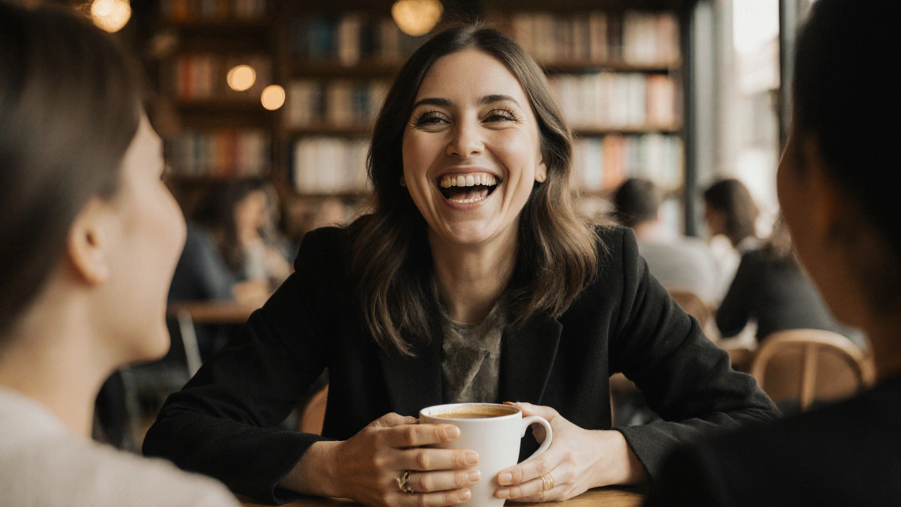 Žena se směje v kavárně, drží kávu a mluví s přítelem, její úsměv je otevřený a bez obav.