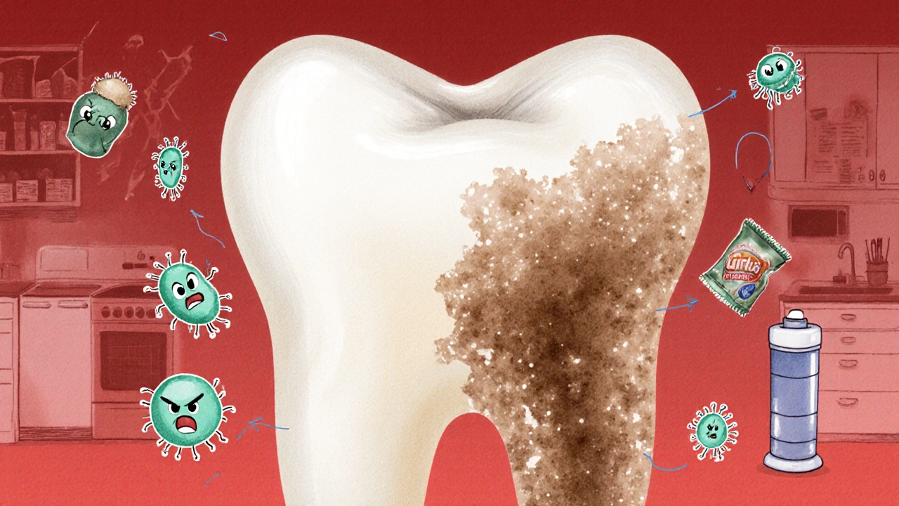 Zub s viditelným rozdílem mezi zdravou sklovinou a tvrdým zubním kamenem, obklopený bakteriemi a sladkými potravinami.