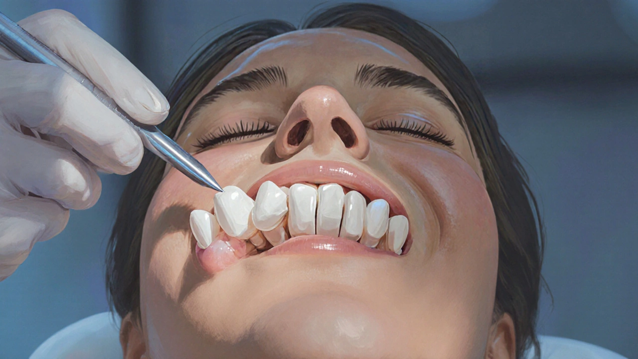 Zubní lékař připevňuje keramickou fazetu na přední zub s přesnými nástroji.