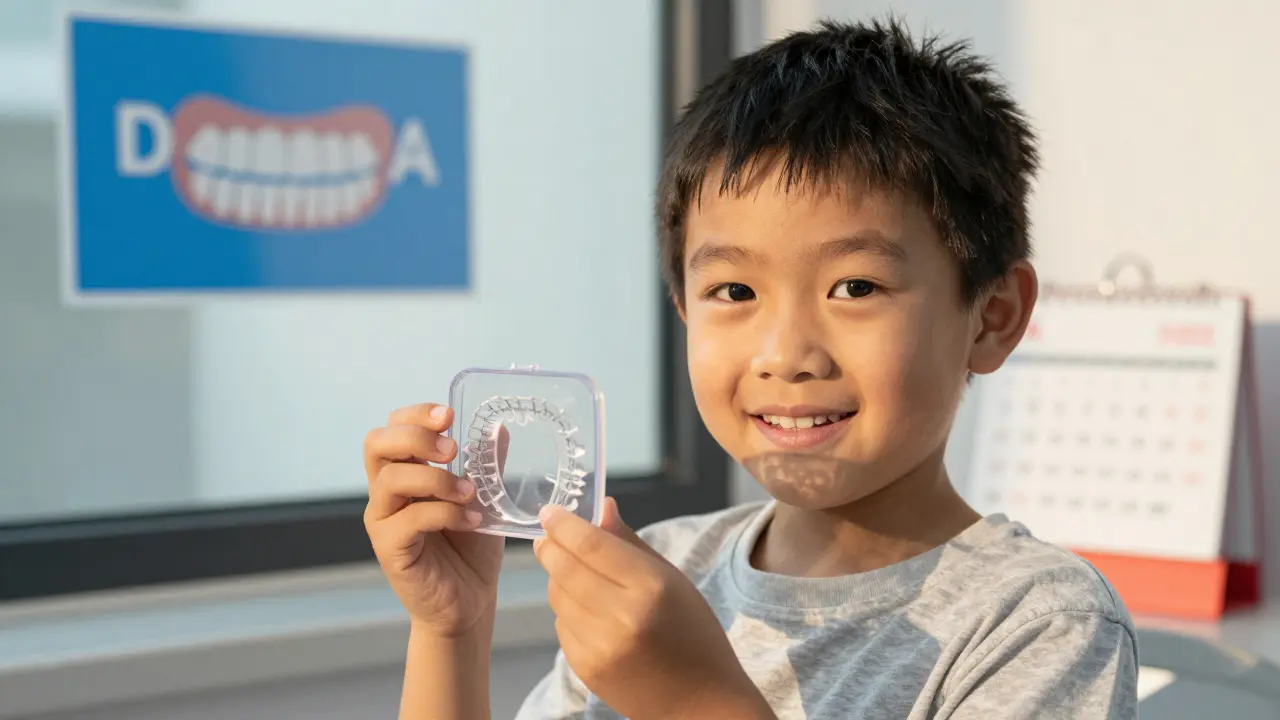 Child holding a detached bracket in a plastic case, smiling with dental clinic in background.