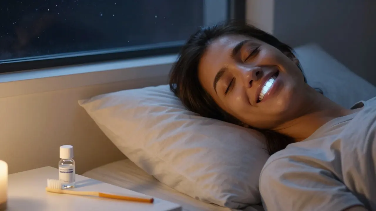 Clidně se smějící osoba v posteli s fluoridovým gelem na nočním stolku.