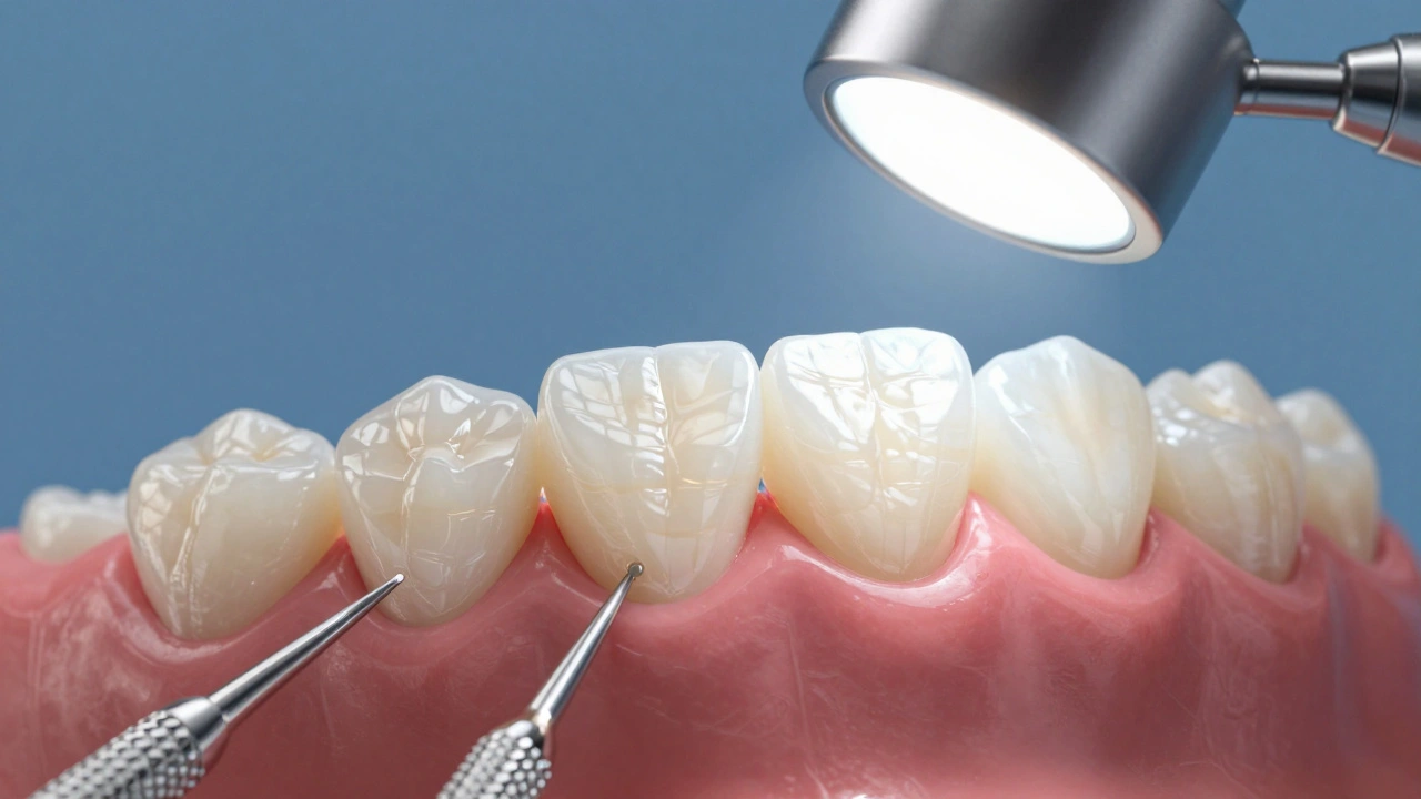 Close-up of a ceramic veneer on a dental mold with detailed porcelain layers and adhesive.
