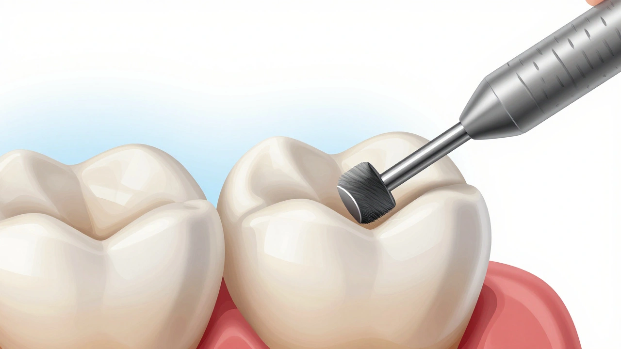 Close-up of a molar being precisely micro-buffed to repair a minor crack.