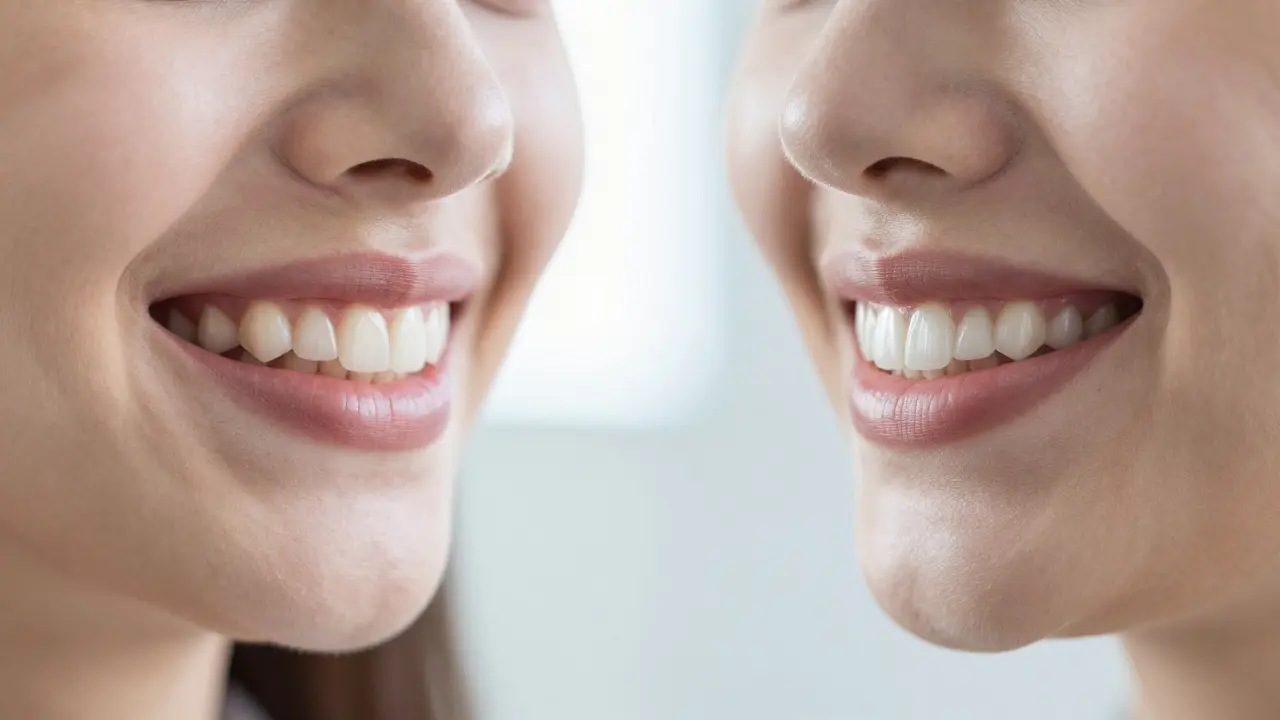 Člověk se dívá do zrcadla s úsměvem, jeho zuby jsou částečně vyhlazeny.