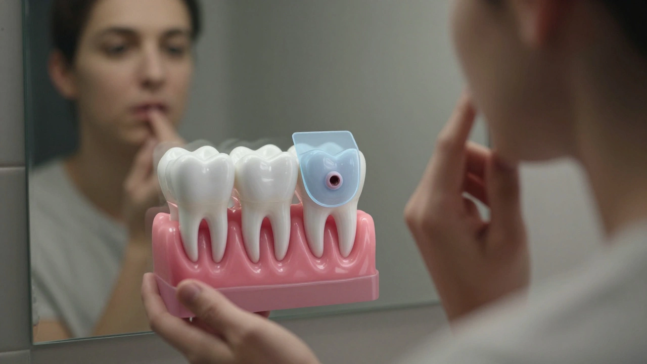 Člověk se dívá do zrcadla, zatímco pod povrchem zubu probíhá remineralizace.