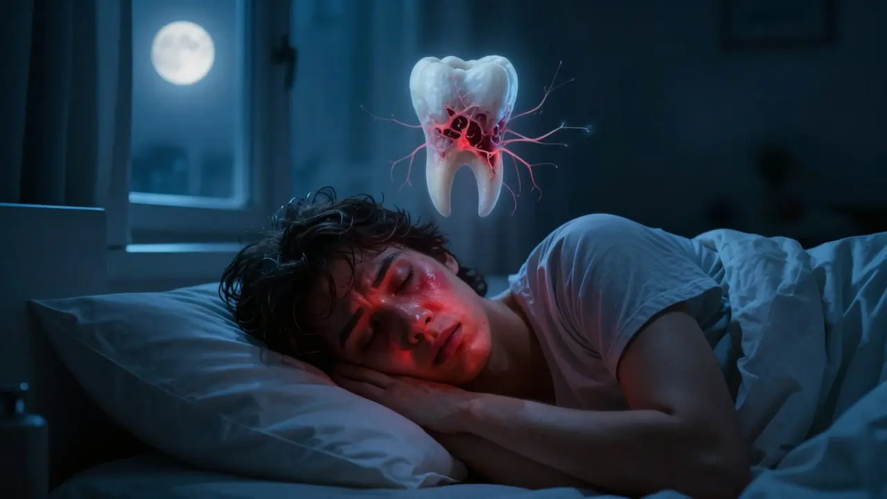 Člověk se svírající tváří v noci, nad jeho hlavou se objevuje průhledný obraz infekce zubu.