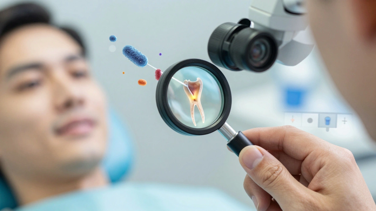 Dentistický mikroskop zobrazující úzký kořenový kanálek s bakteriemi