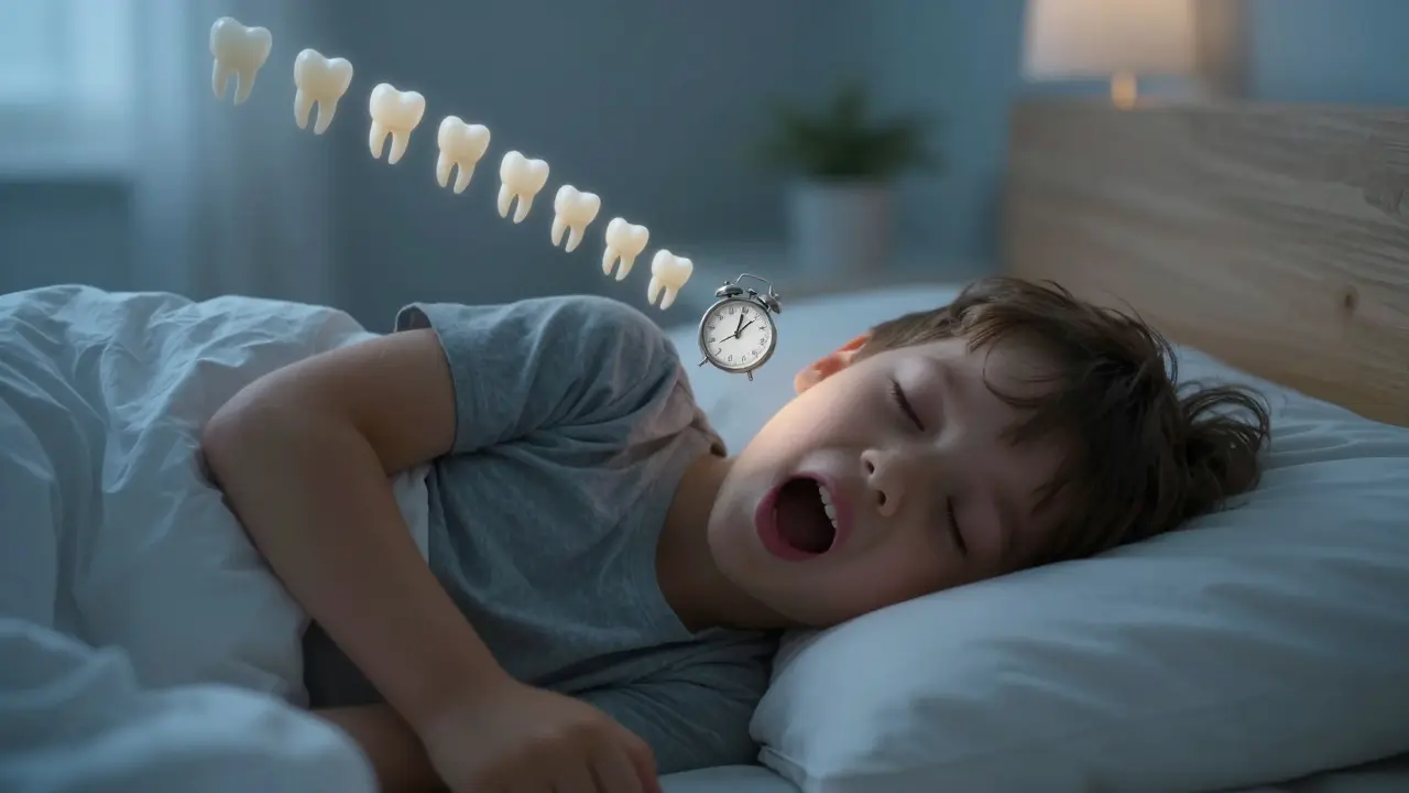 Dítě spí s otevřenými ústy, kolem něj symbolické znaky dýchacích problémů.