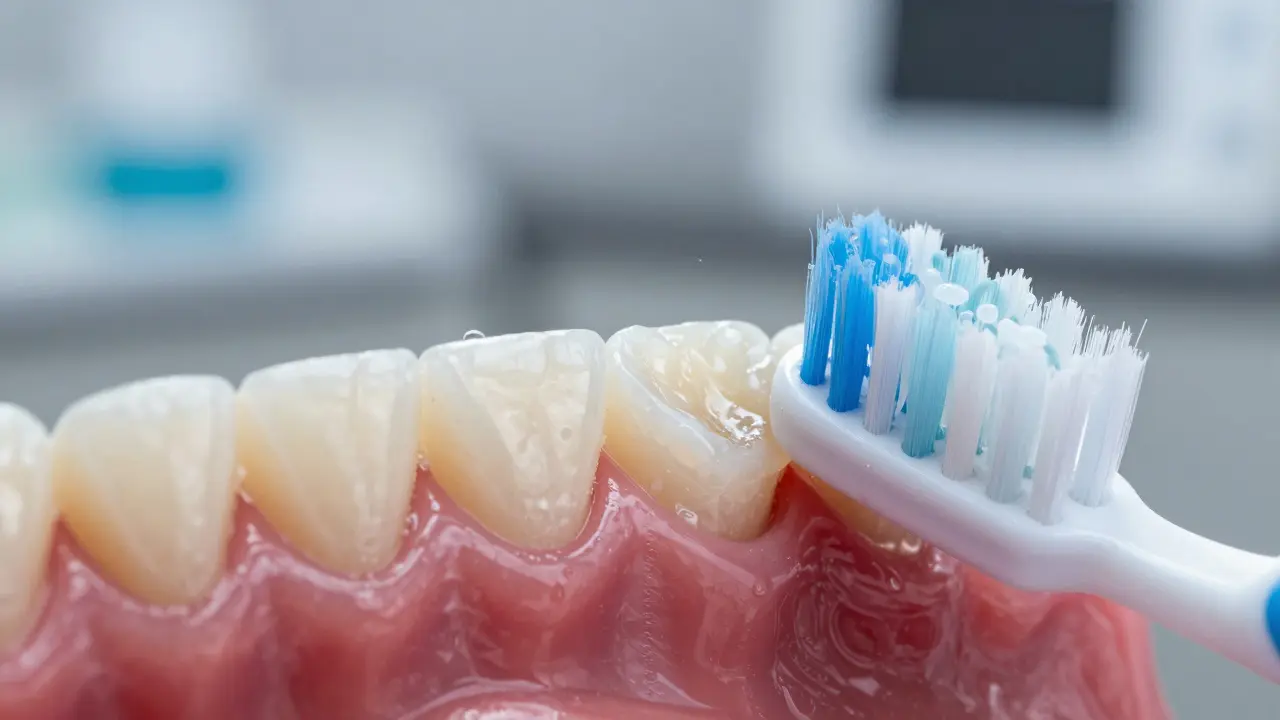 Důkladné čištění hrany zubní fazety mezizubní kartáčkem s viditelným plakem.