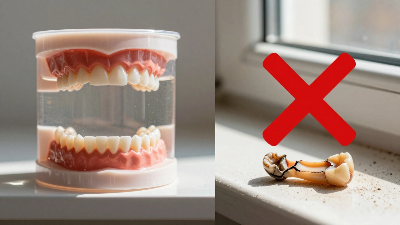 Dvě části obrázku: správně skladované zuby ve vodě vs. poškozené zuby na slunci.