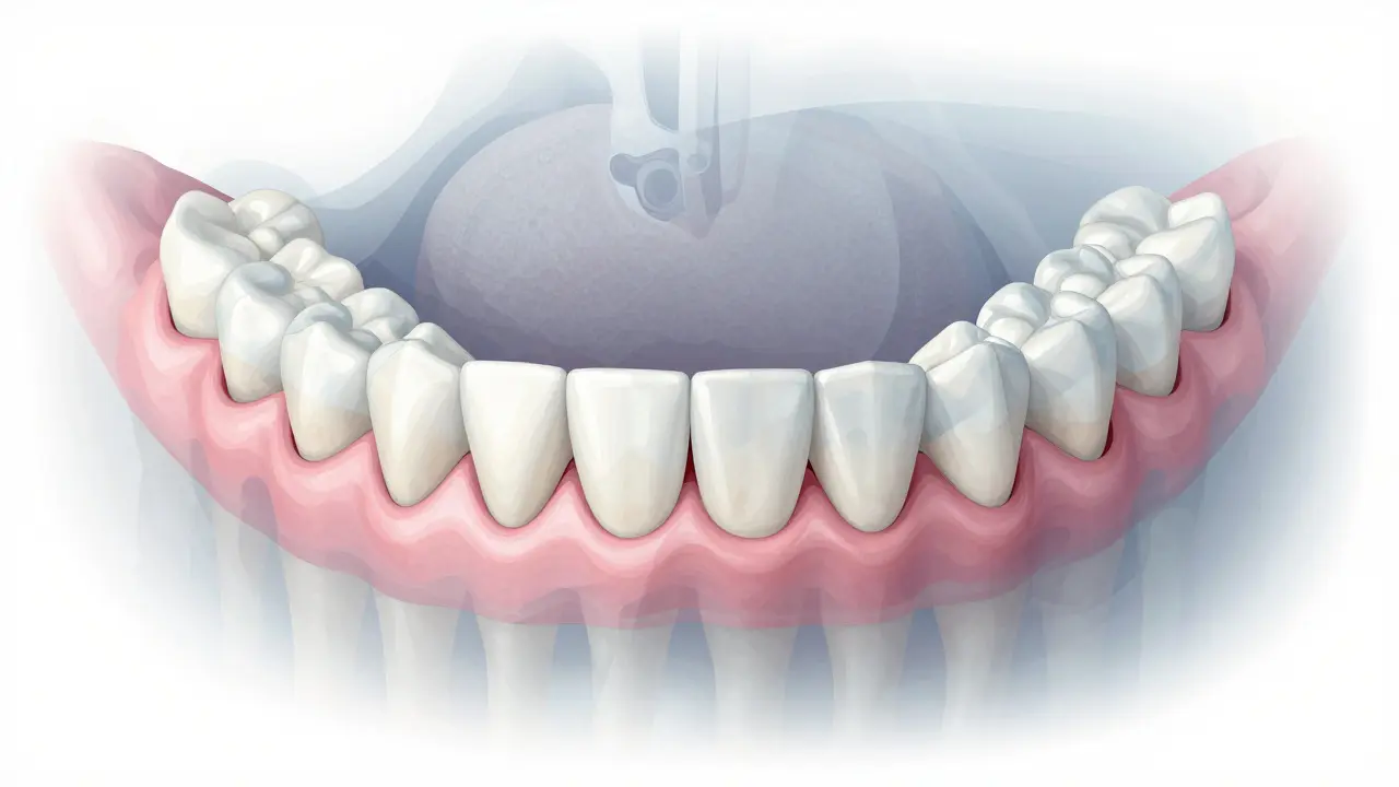 Křížový řez čelisti s viditelnými poruchami okluzí a zánětem dásní.