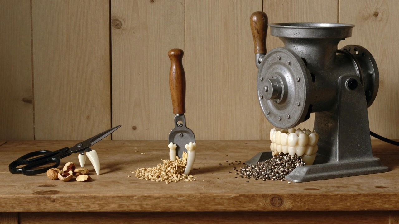 Kuchařský metaphor: nůžky, kávový mlýnek a mlýn na mletí jako symbol zubů.