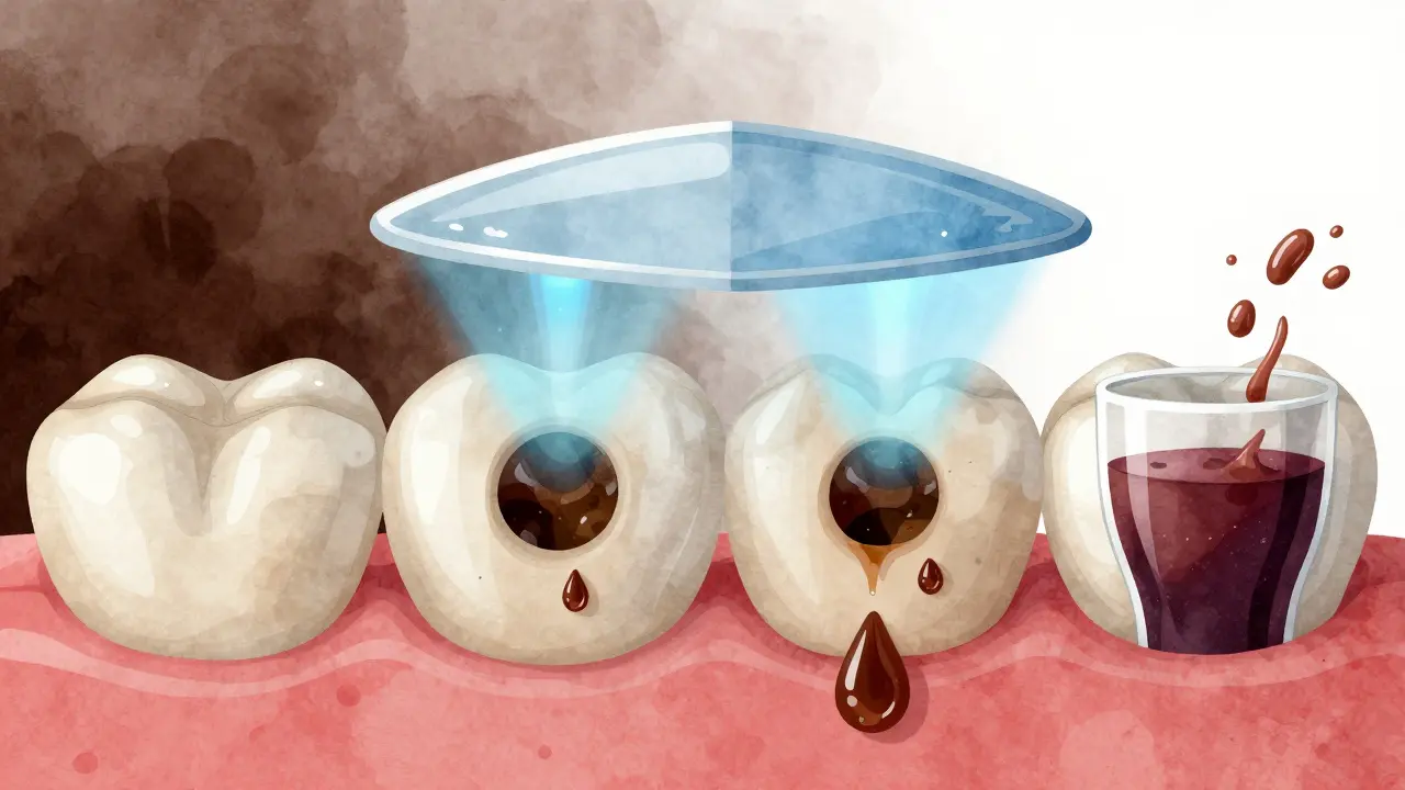 Mikroskopický pohled na zuby s otevřenými pory, do kterých vnikají barviva, zatímco voda a fluorid pory uzavírají.
